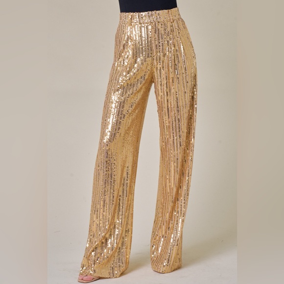 ✨ NEW Structured Wide-Leg Gold Sequin Pants | Glam Party Trousers ✨ - Picture 11 of 11
